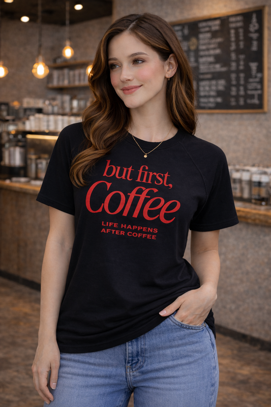 The "First Coffee" Noir Raglan Tee - NOIR