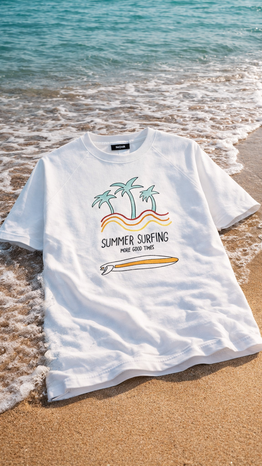 White t-shirt with a summer surfing design on a beach with ocean waves.